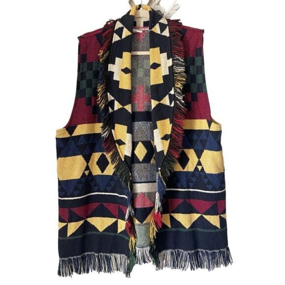 S4 80s Vtg Native America Aztec Southwestern Fringe Vest Cardigan Sweater Cotto